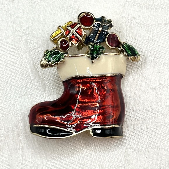 Jewelry - Vintage Enamel Red Santa Claus Christmas Stocking Boot Holly Berry Brooch Pin